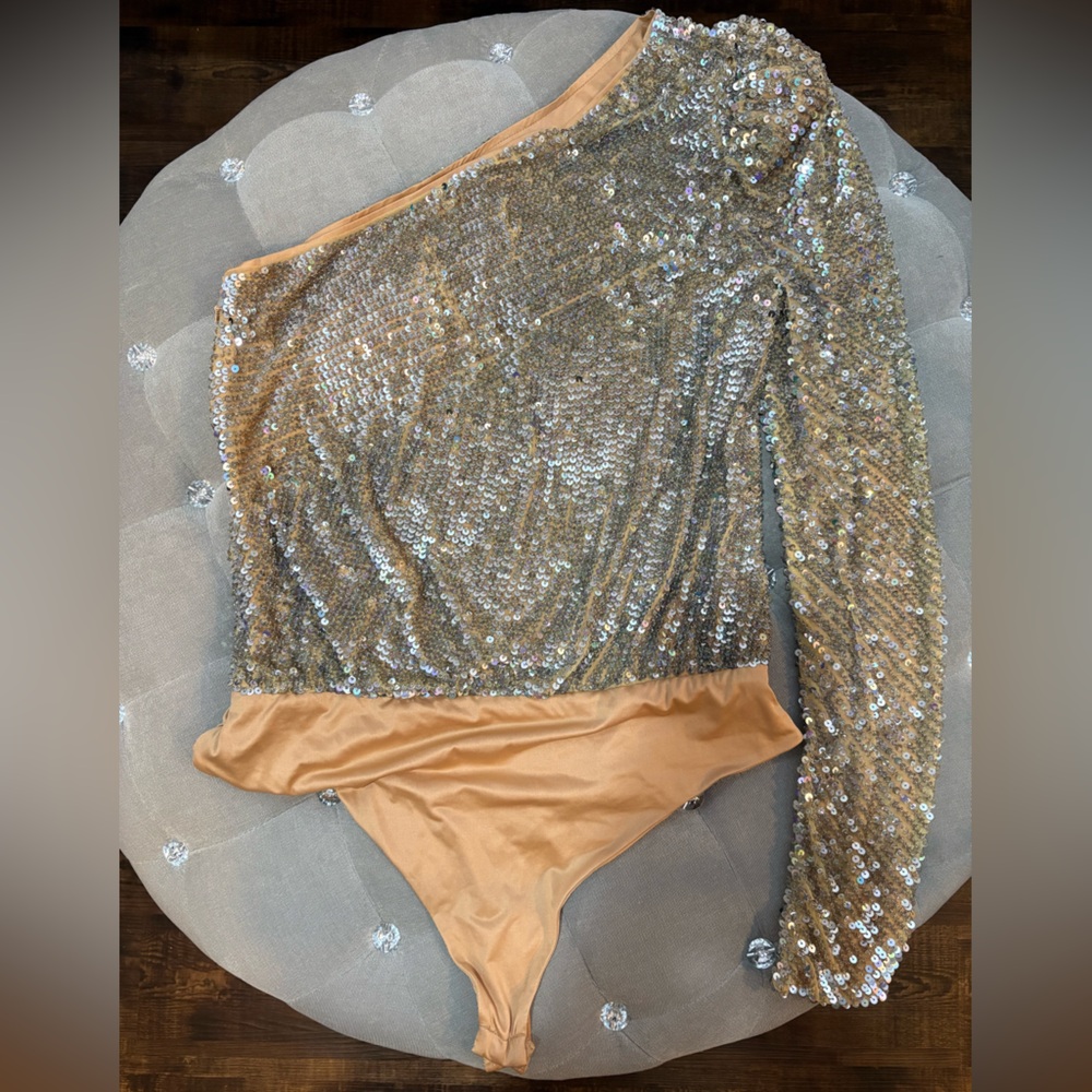 Camila Coelho Sequin Gold Women's One Shoulder Bodysuit